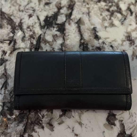 Vintage Coach Black Stitch Leather Tri Fold Wallet Removable Checkbook - Picture 1 of 10